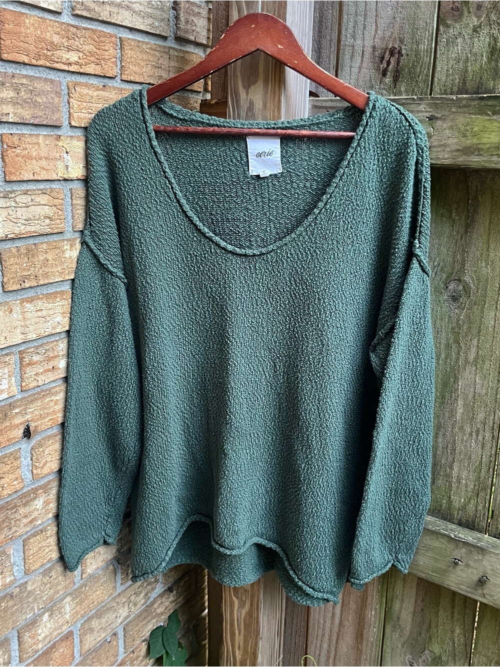 Aerie Green Scoop Neck Textured Knit Sweater